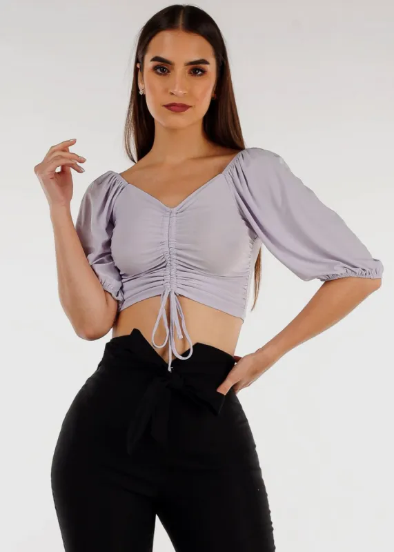 Elbow Sleeve Ruched Front Crop Top Light Purple sold by Moda