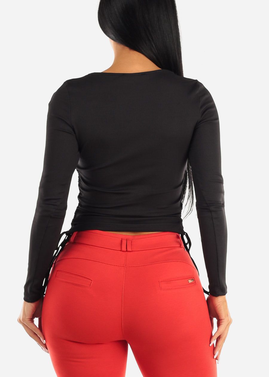 Long Sleeve Black Ribbed Top w Adjustable Drawstring Sides sold by Moda product image thumbnail 4