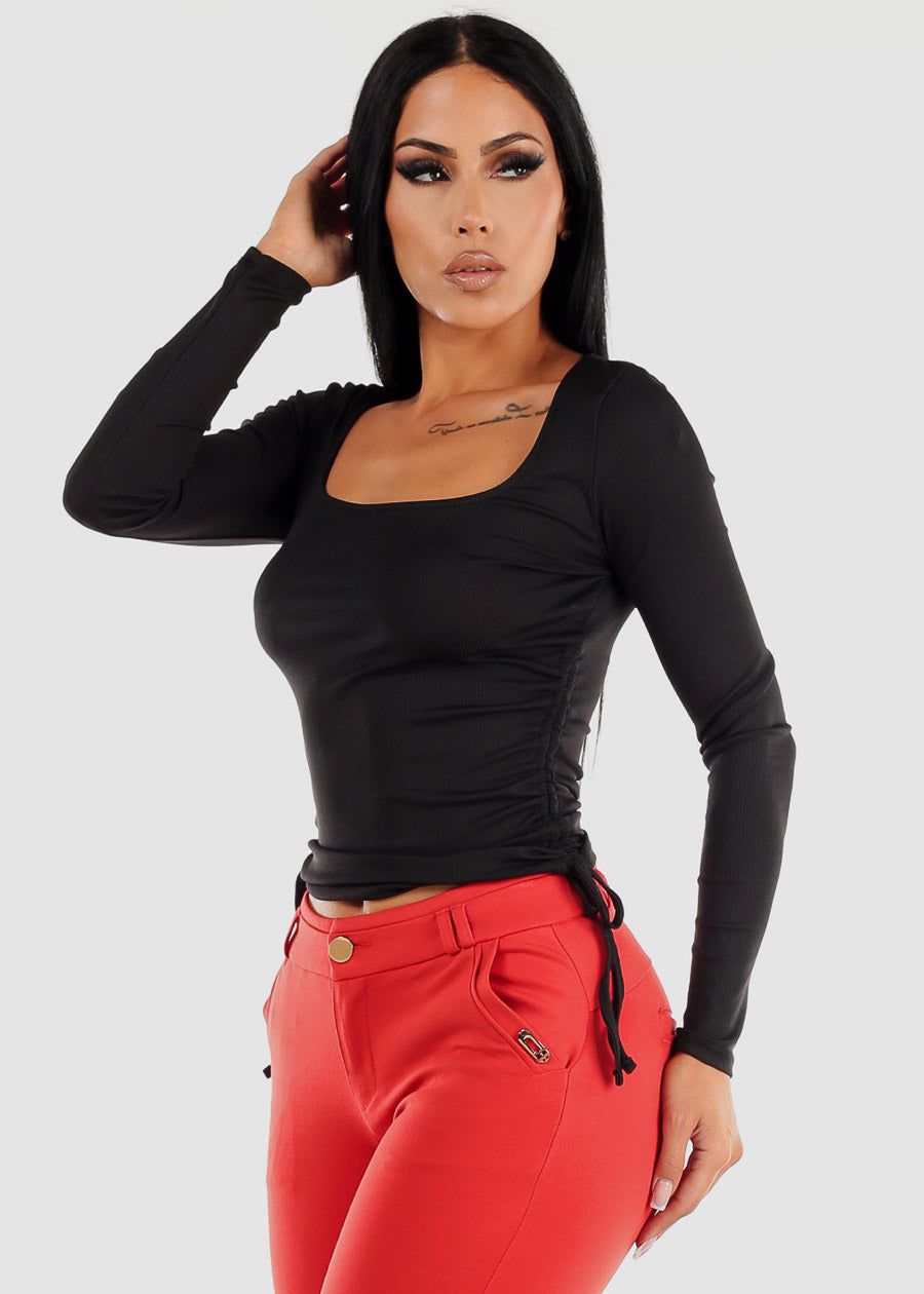 Long Sleeve Black Ribbed Top w Adjustable Drawstring Sides sold by Moda