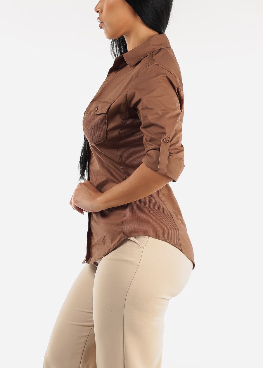Quarter Sleeve Button Up Shirt Brown w Contrast Panel sold by Moda product image thumbnail 3
