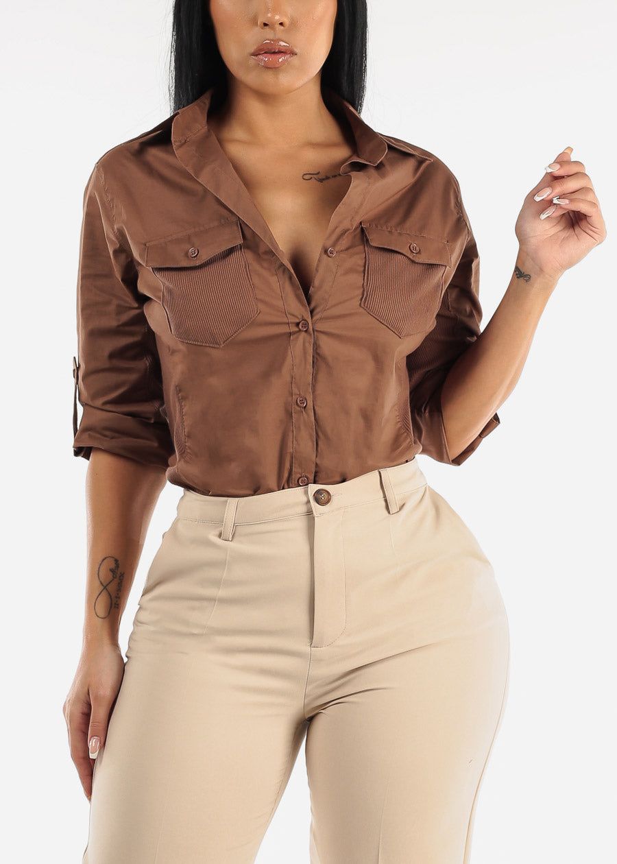 Quarter Sleeve Button Up Shirt Brown w Contrast Panel sold by Moda