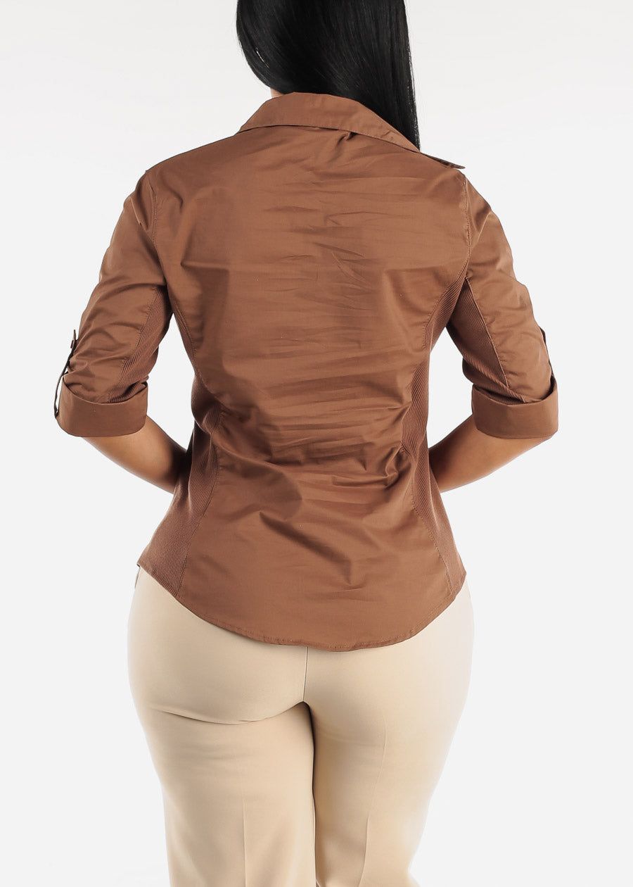 Quarter Sleeve Button Up Shirt Brown w Contrast Panel sold by Moda product image thumbnail 4