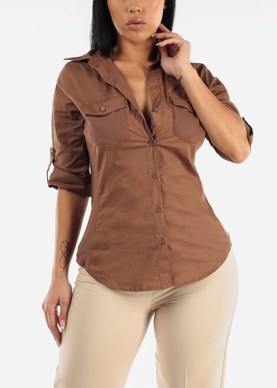 Quarter Sleeve Button Up Shirt Brown w Contrast Panel sold by Moda product image thumbnail 5