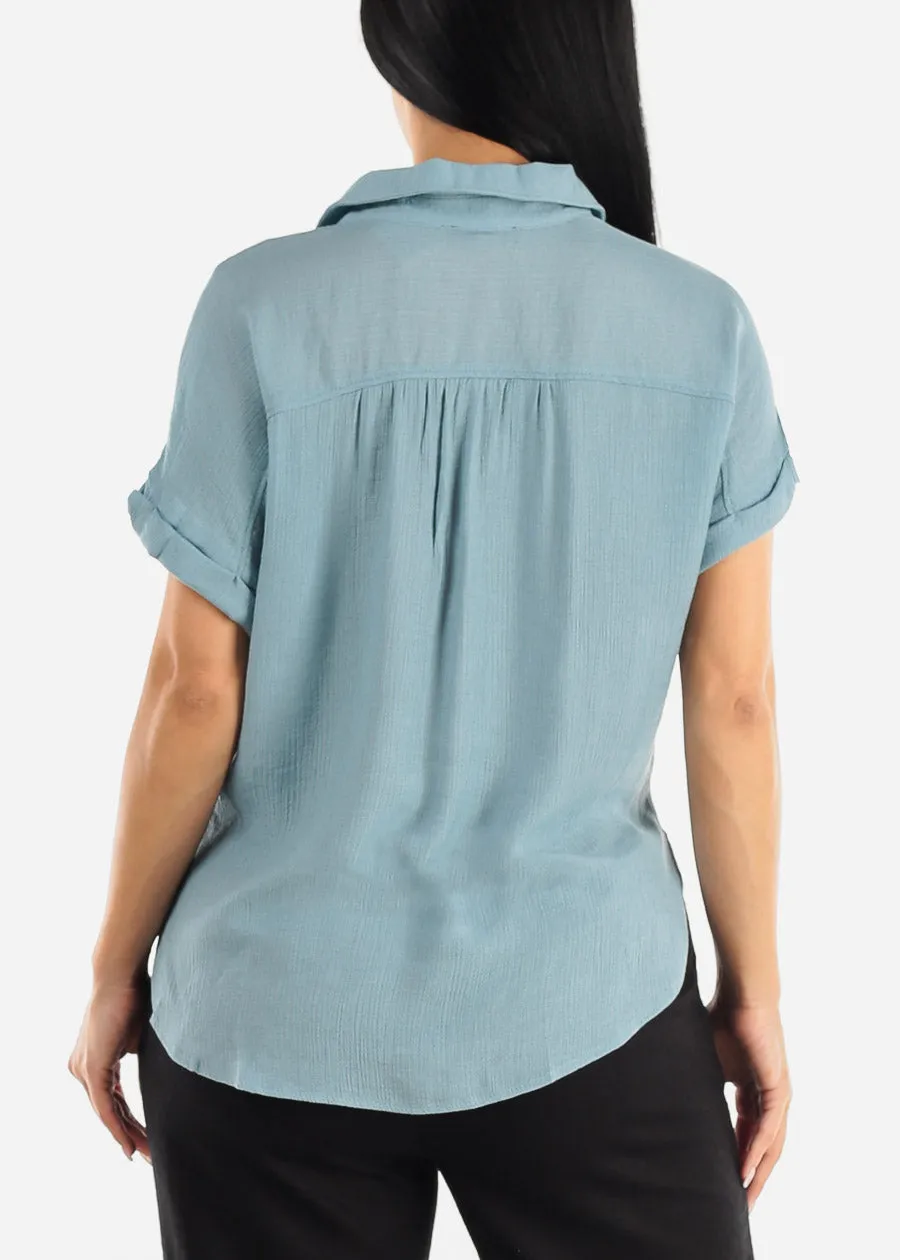 Cap Sleeve Blue Blouse w Front Half Placket sold by Moda product image thumbnail 4