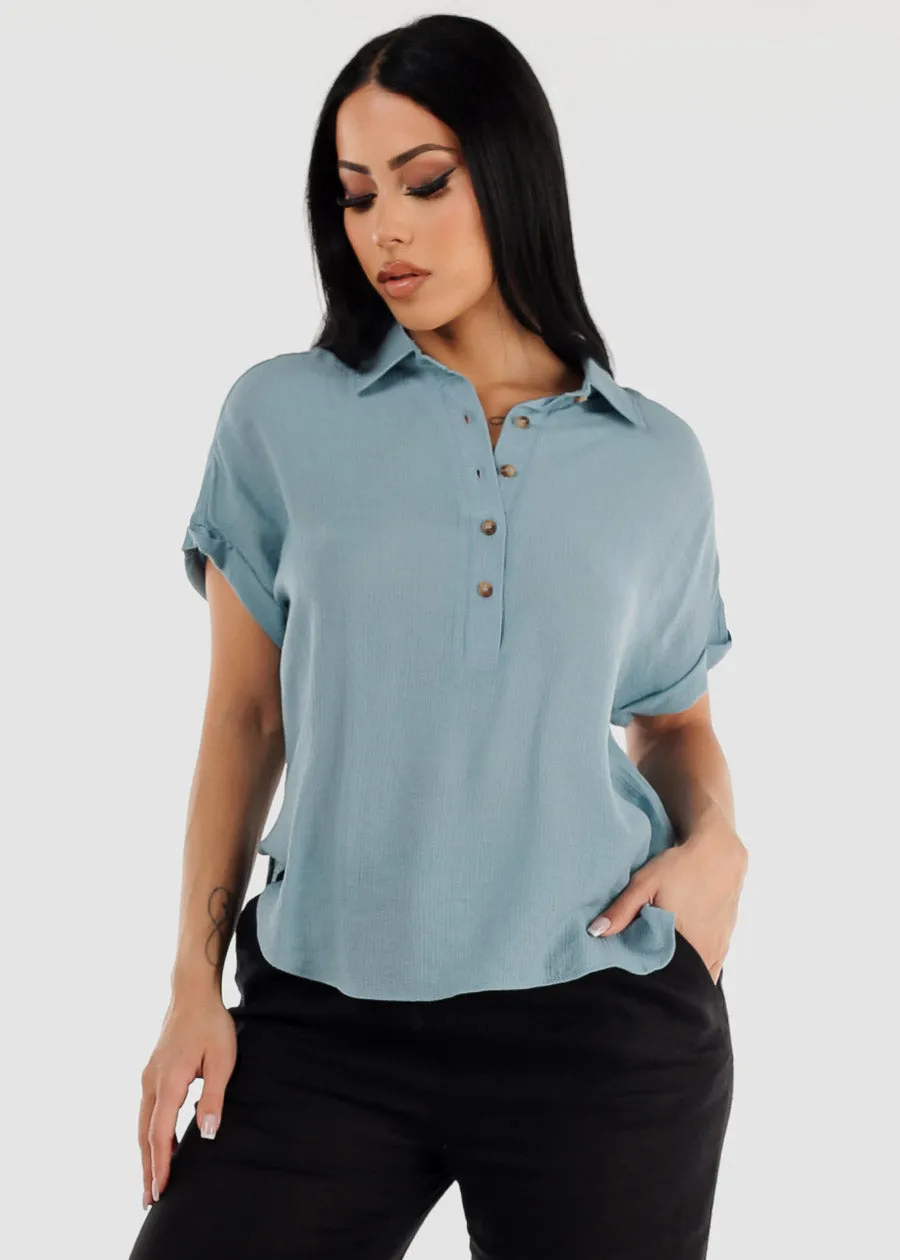 Cap Sleeve Blue Blouse w Front Half Placket sold by Moda