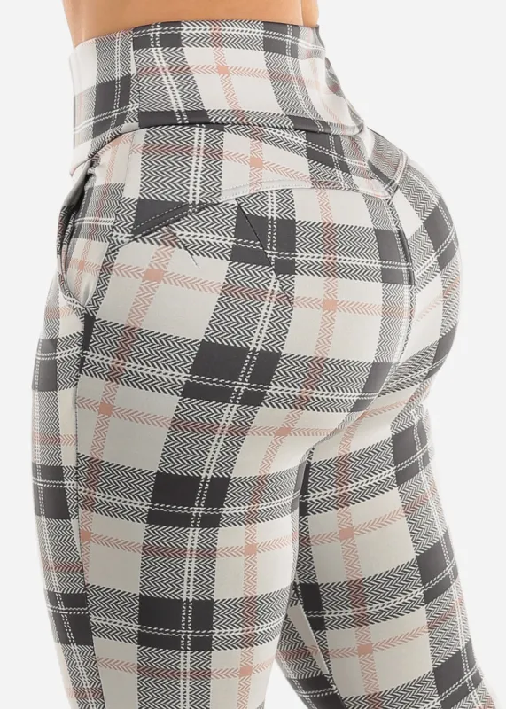 High Waisted Butt Lifting Stretchy Plaid Skinny Pants w Pockets sold by Moda