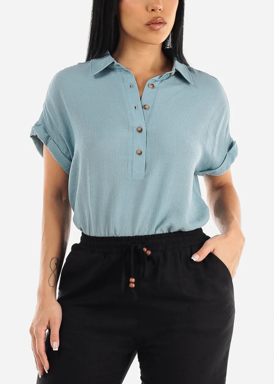 Cap Sleeve Blue Blouse w Front Half Placket sold by Moda product image thumbnail 5