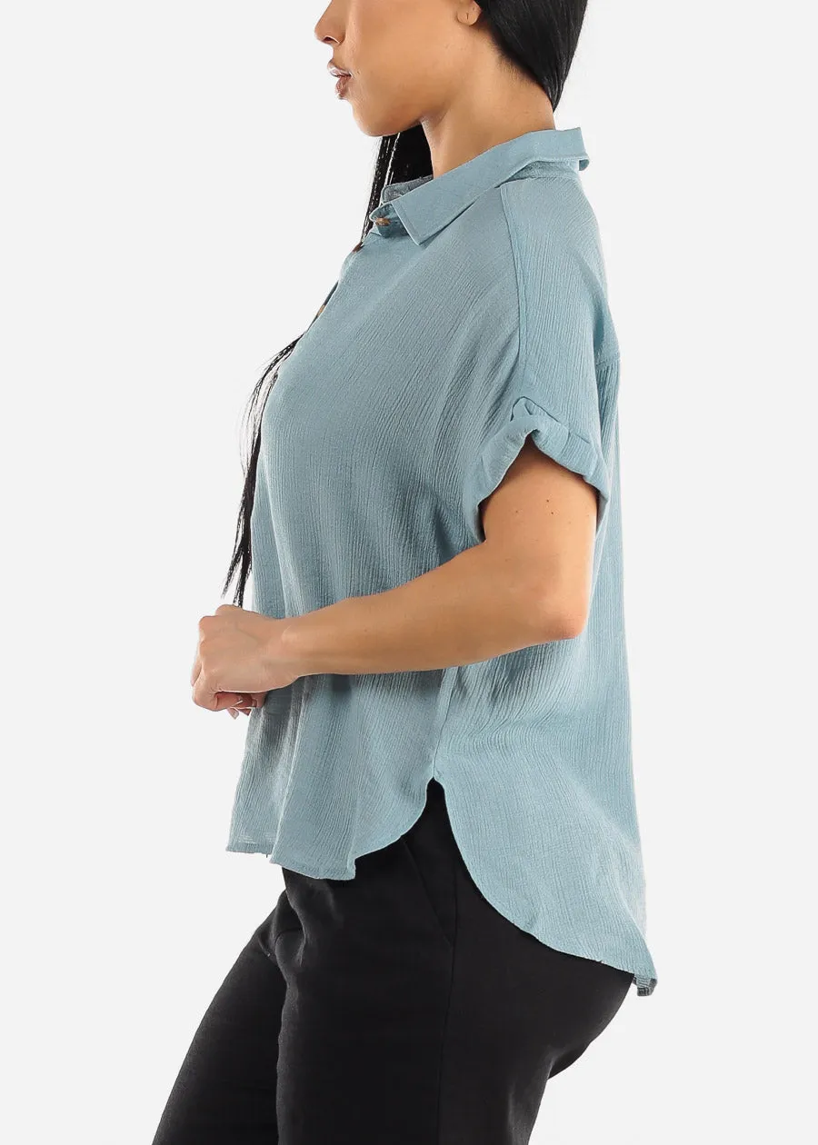 Cap Sleeve Blue Blouse w Front Half Placket sold by Moda product image thumbnail 3