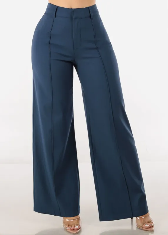 Navy High Waist Wide Leg Pintuck Dress Pants sold by Moda