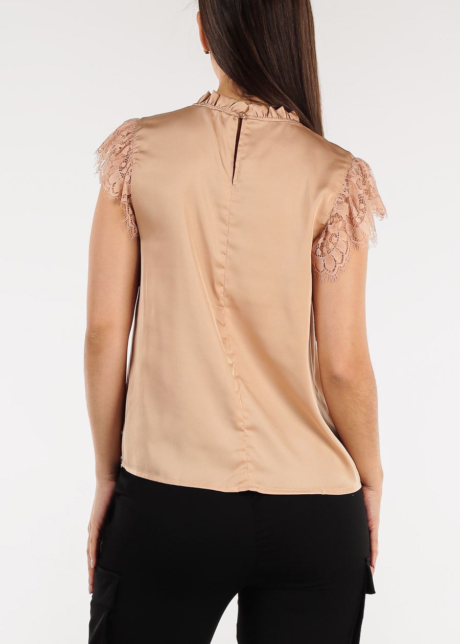 Ruffle Neck Pleated Satin Blouse champagne w Lace Sleeves sold by Moda product image thumbnail 4