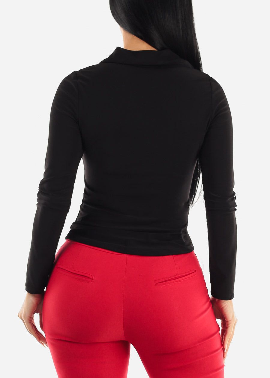 Black Long Sleeve Ruched Front Collared Blouse sold by Moda product image thumbnail 4