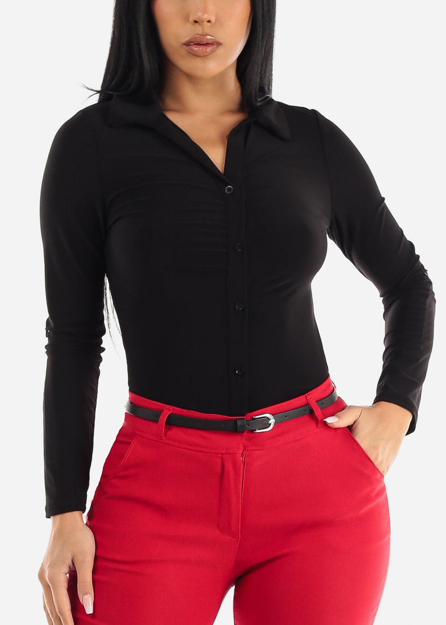 Black Long Sleeve Ruched Front Collared Blouse sold by Moda