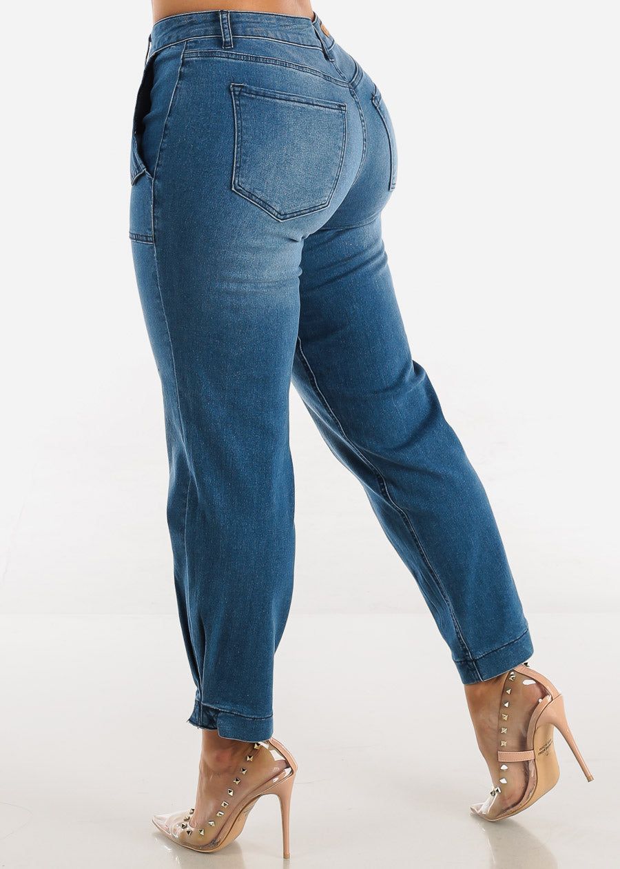 High Waisted Med Wash Utility Cargo Ankle Jeans sold by Moda product image thumbnail 4