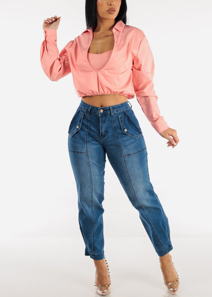 High Waisted Med Wash Utility Cargo Ankle Jeans sold by Moda product image thumbnail 2