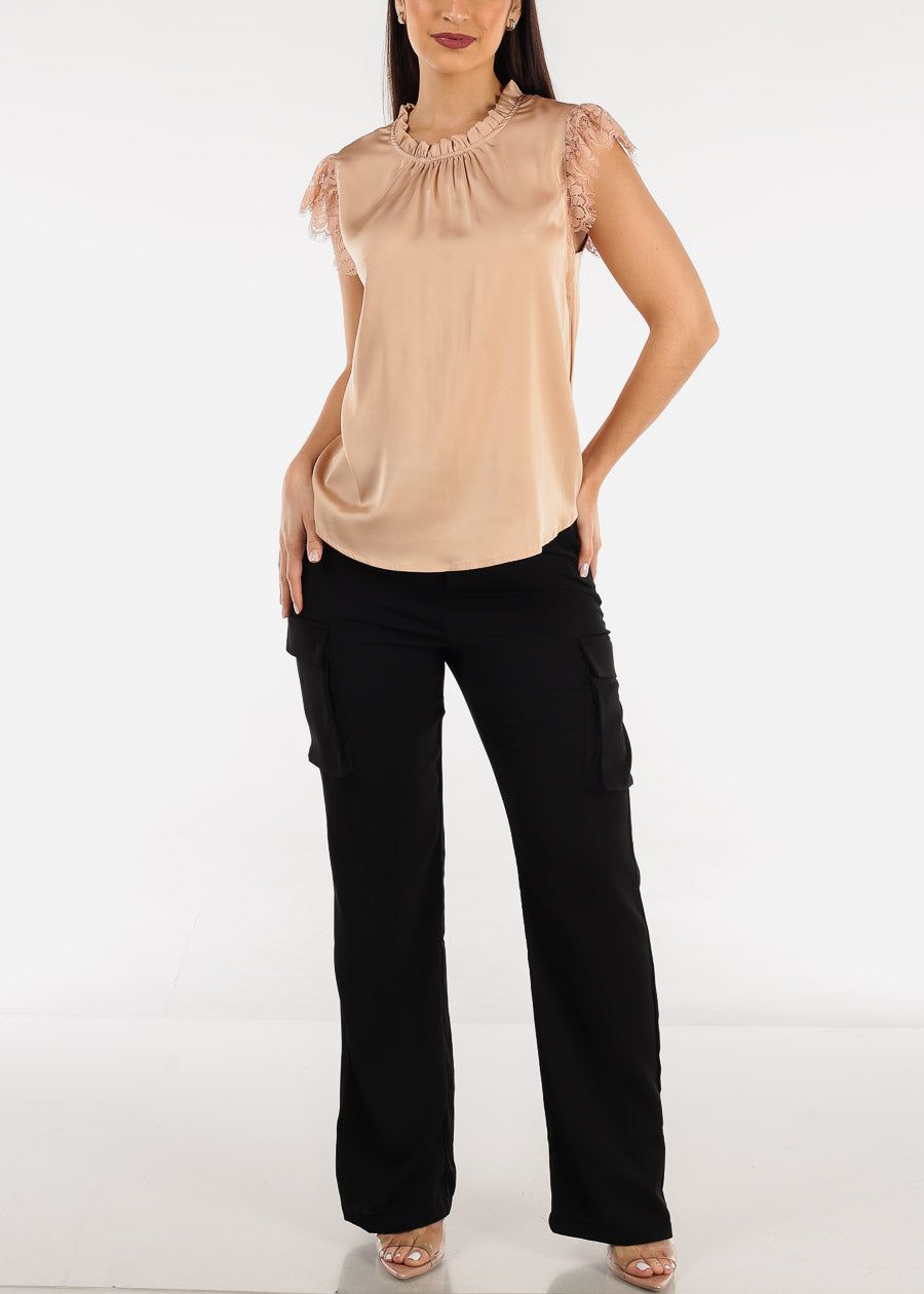 Ruffle Neck Pleated Satin Blouse champagne w Lace Sleeves sold by Moda product image thumbnail 2