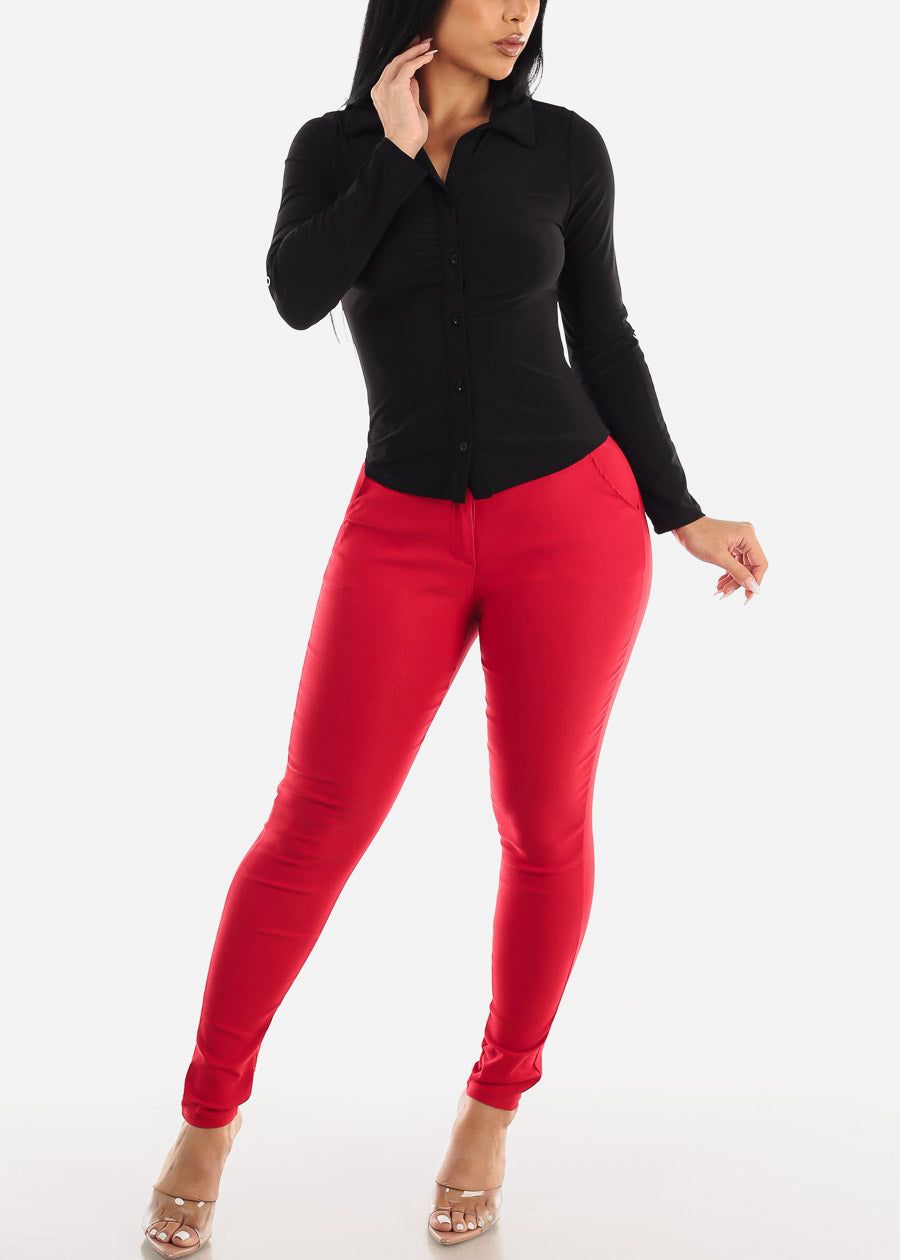 Black Long Sleeve Ruched Front Collared Blouse sold by Moda product image thumbnail 2