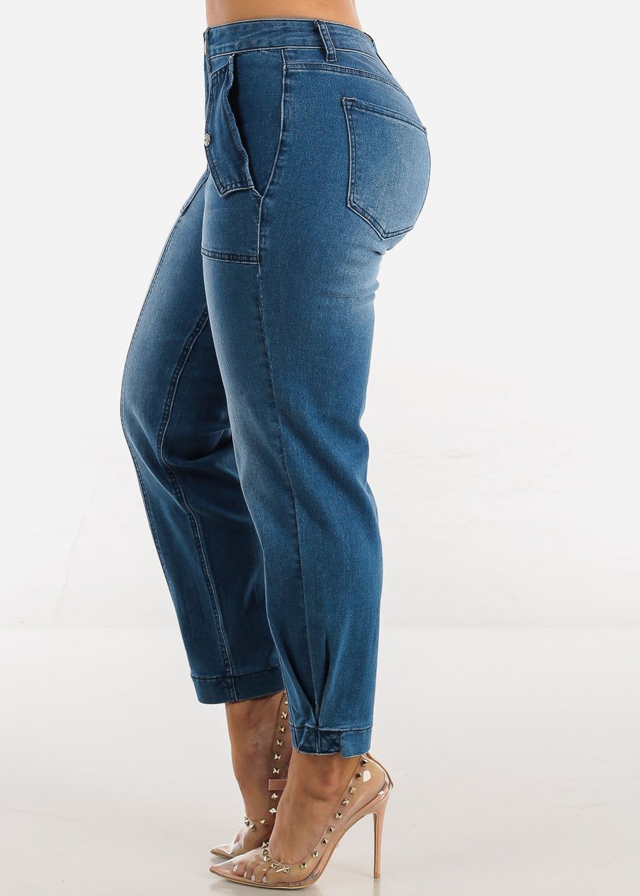 High Waisted Med Wash Utility Cargo Ankle Jeans sold by Moda product image thumbnail 3