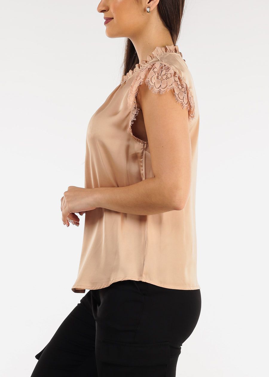 Ruffle Neck Pleated Satin Blouse champagne w Lace Sleeves sold by Moda product image thumbnail 3