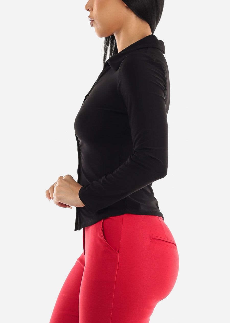 Black Long Sleeve Ruched Front Collared Blouse sold by Moda product image thumbnail 3