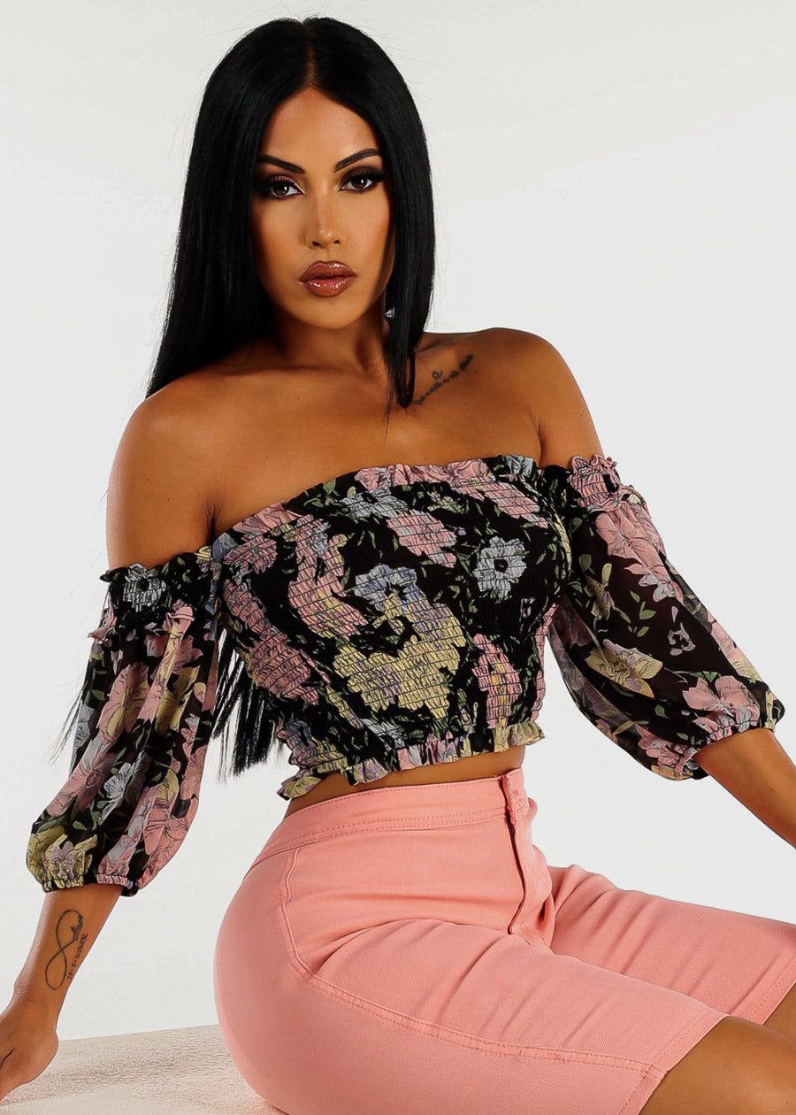 Floral Off Shoulder Smocked Crop Top Black sold by Moda