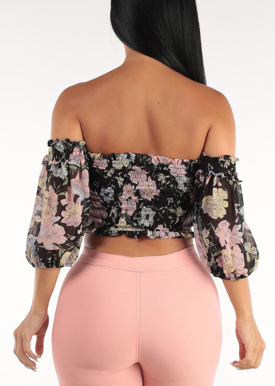 Floral Off Shoulder Smocked Crop Top Black sold by Moda product image thumbnail 6