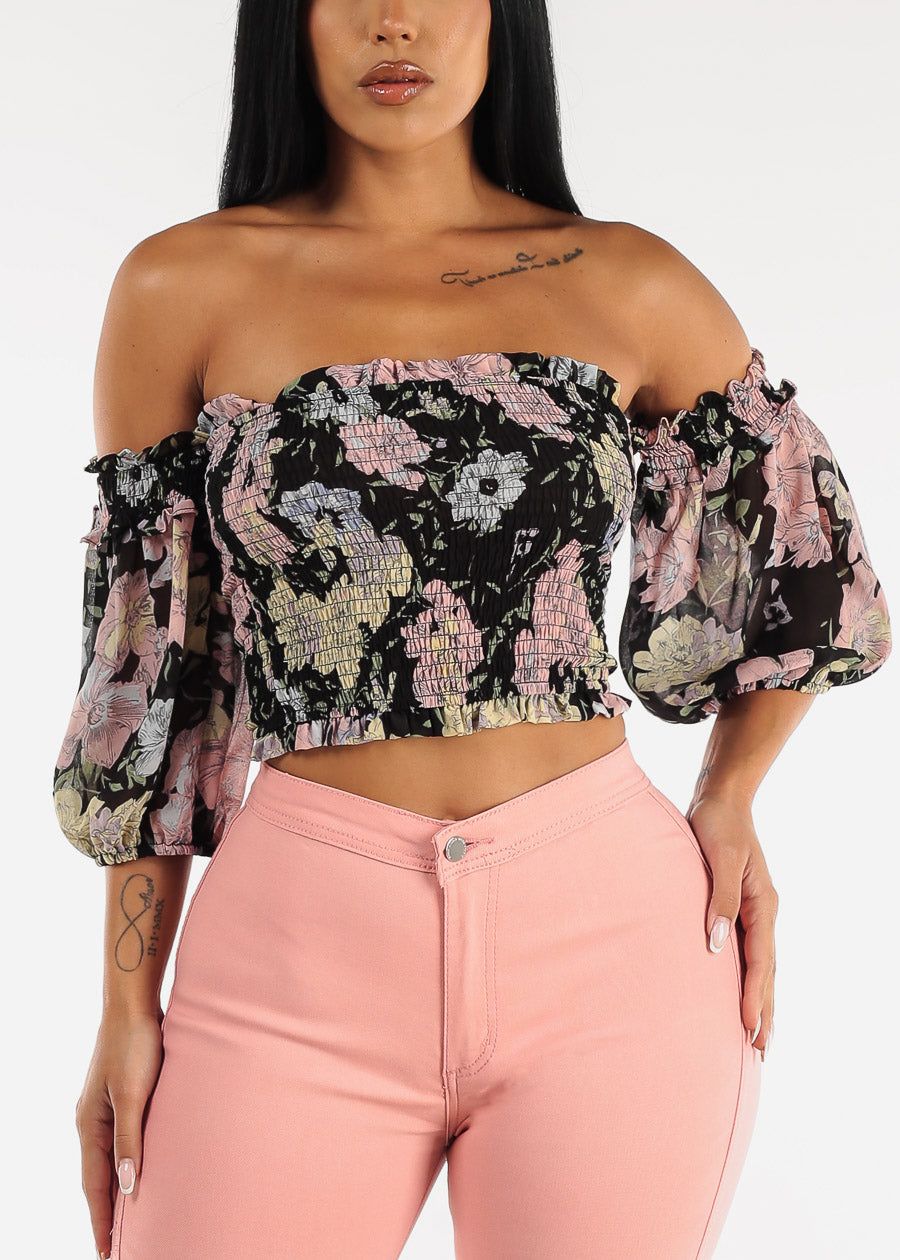 Floral Off Shoulder Smocked Crop Top Black sold by Moda product image thumbnail 3