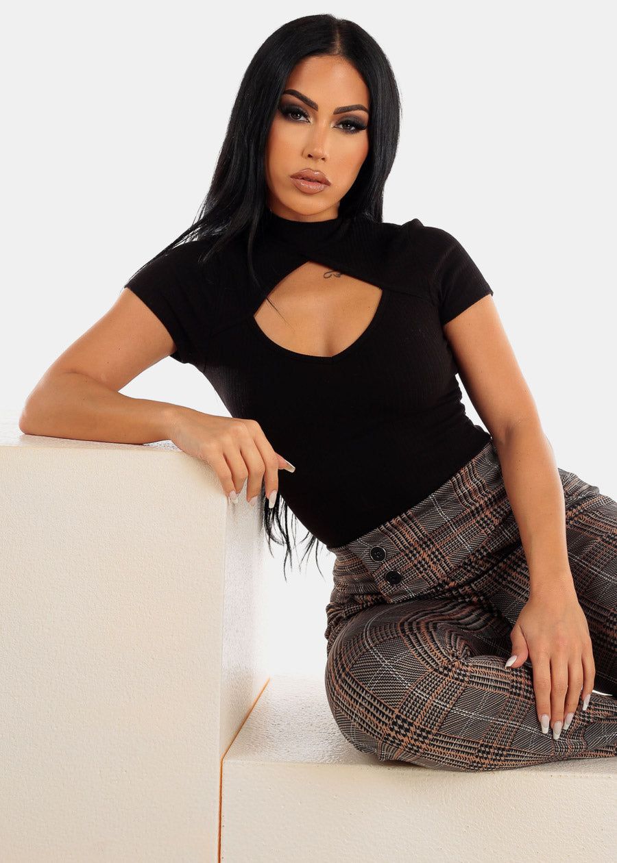 Black Short Sleeve Mock Neck Cut Out Top sold by Moda