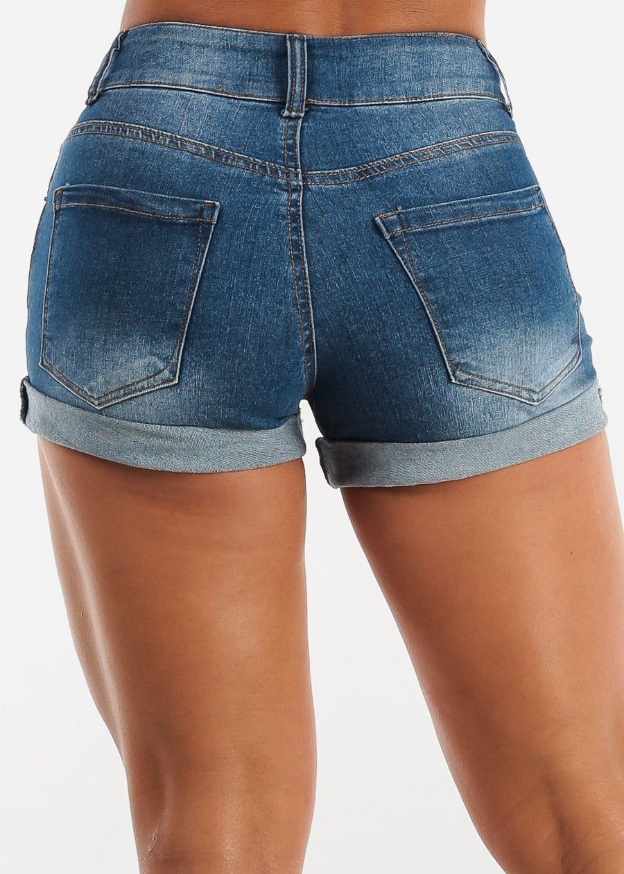 High Waist Cuffed Denim Shorts Dark Blue sold by Moda product image thumbnail 4