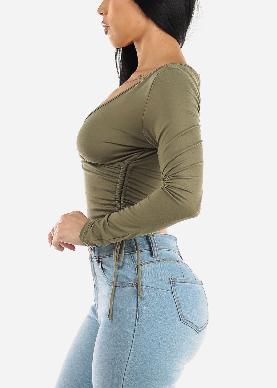 Long Sleeve Surplice Crop Top Olive w Ruched Sides sold by Moda product image thumbnail 3