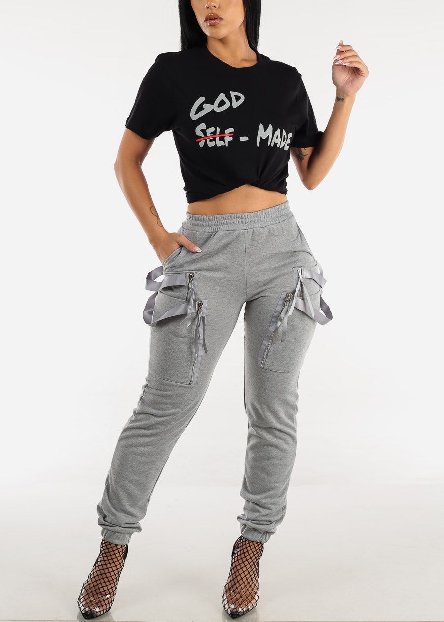 High Waisted Grey Cargo Jogger Pants w Straps sold by Moda product image thumbnail 2