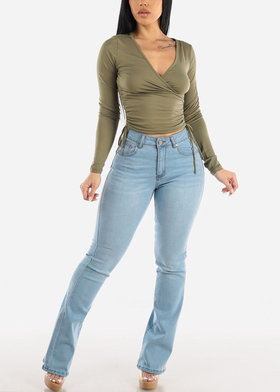 Long Sleeve Surplice Crop Top Olive w Ruched Sides sold by Moda product image thumbnail 2