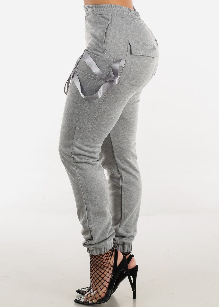High Waisted Grey Cargo Jogger Pants w Straps sold by Moda product image thumbnail 3