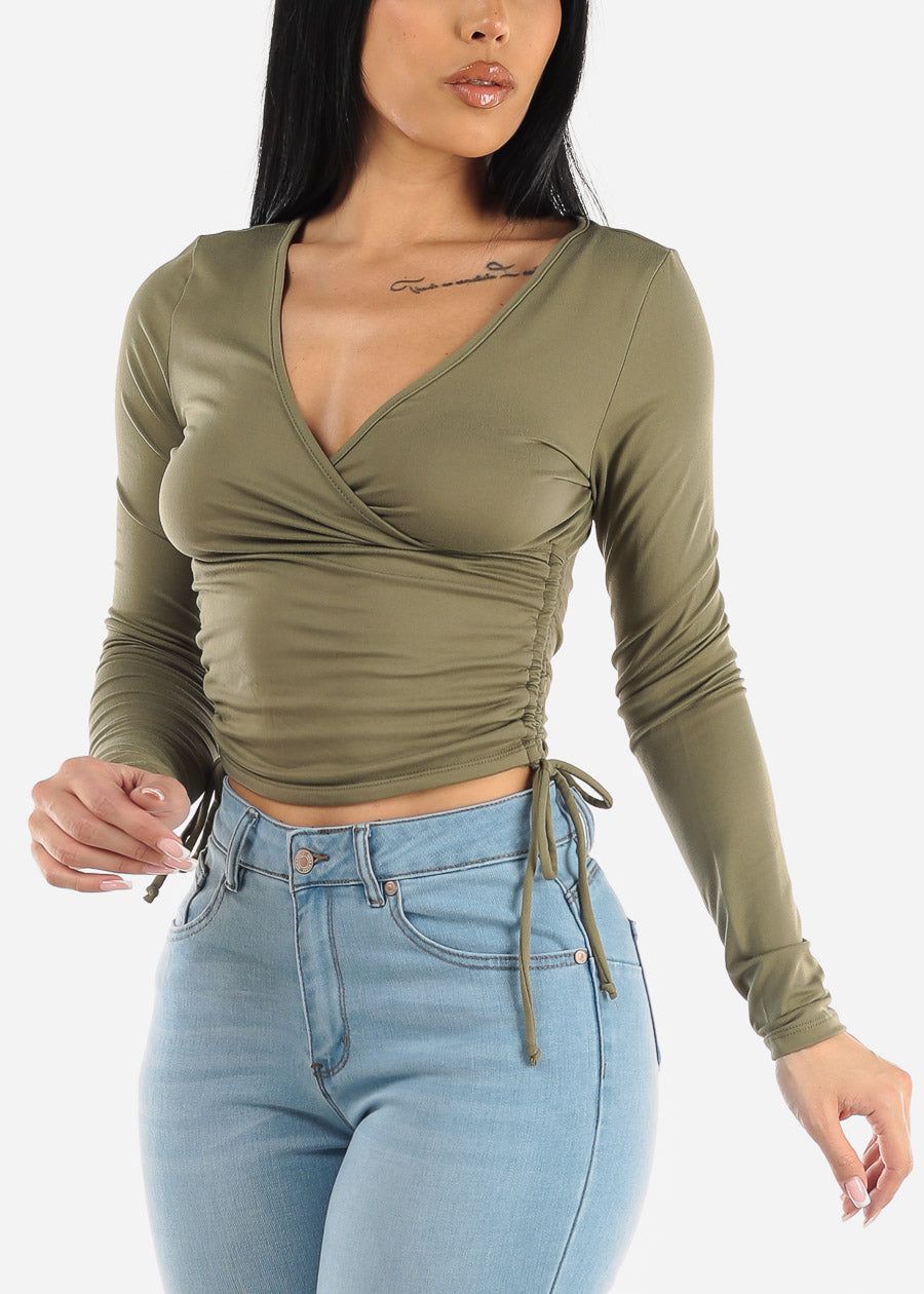 Long Sleeve Surplice Crop Top Olive w Ruched Sides sold by Moda