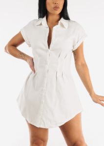Button Down Pleated Mini Shirtdress White sold by Moda
