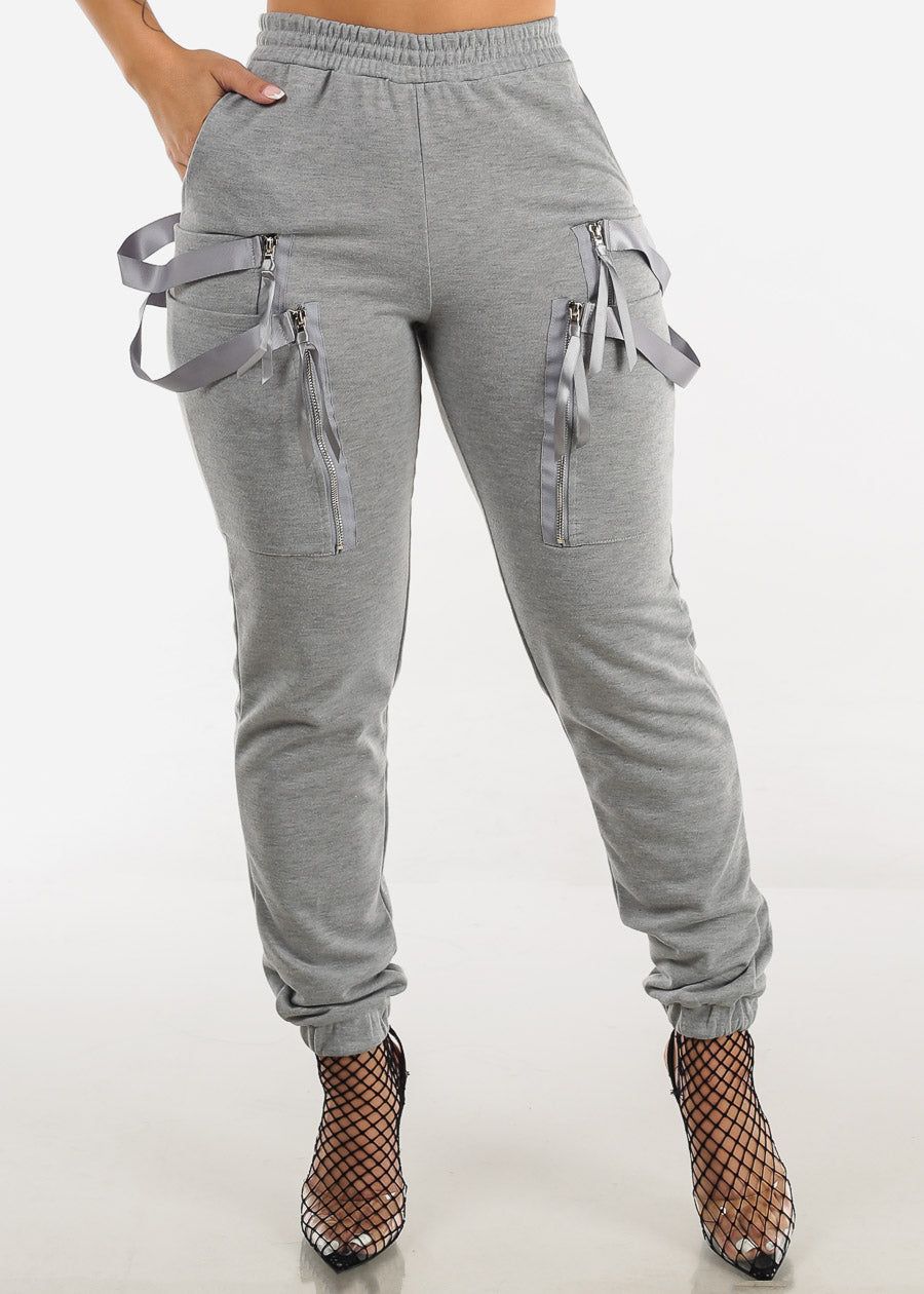 High Waisted Grey Cargo Jogger Pants w Straps sold by Moda