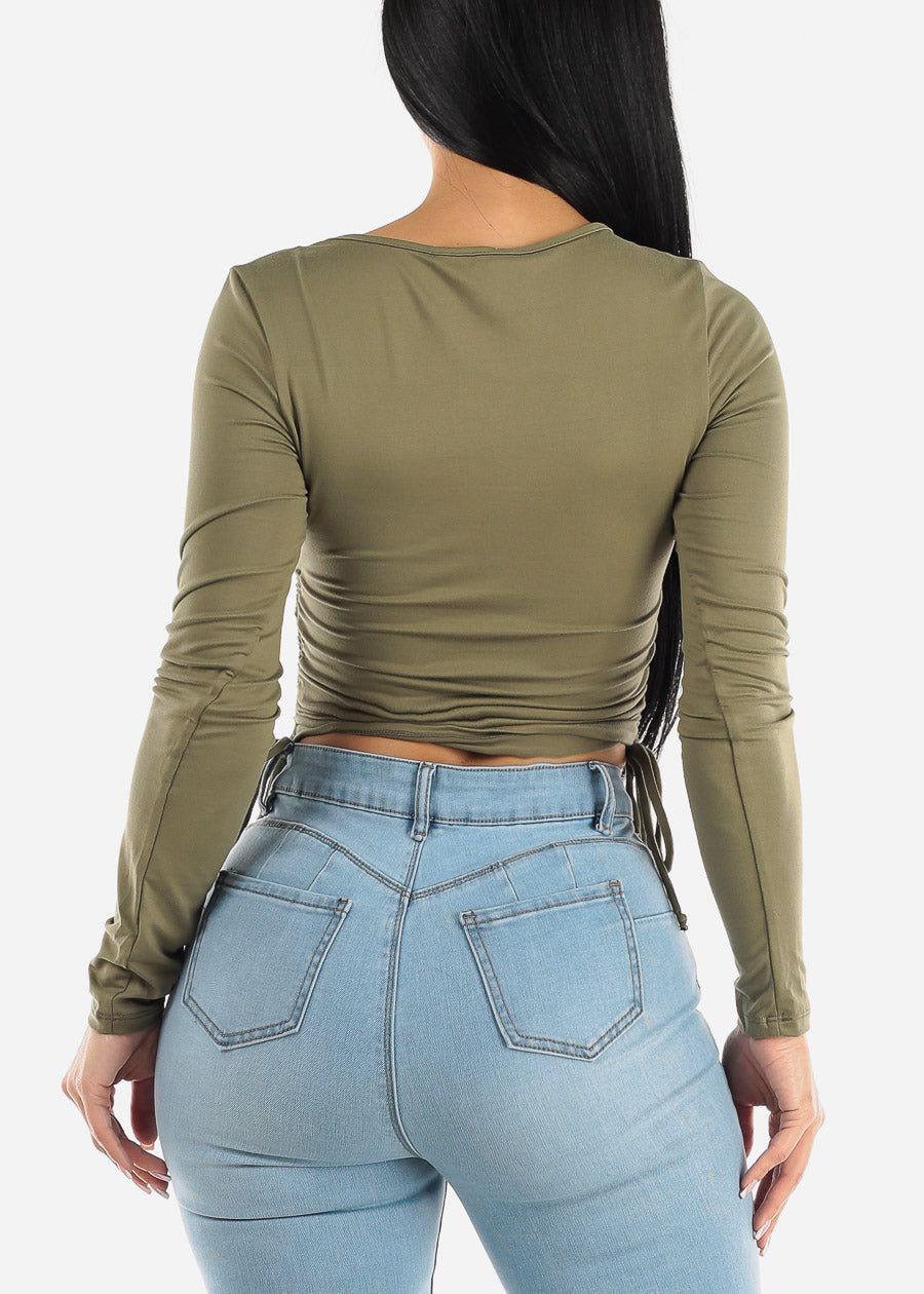 Long Sleeve Surplice Crop Top Olive w Ruched Sides sold by Moda product image thumbnail 4