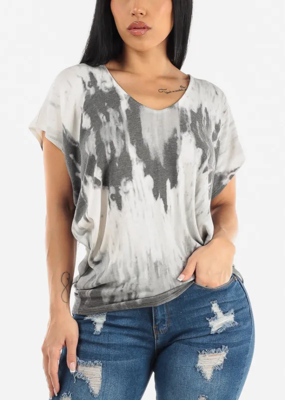 Short Dolman Sleeve Tie Dye Hacci Top White & Grey sold by Moda