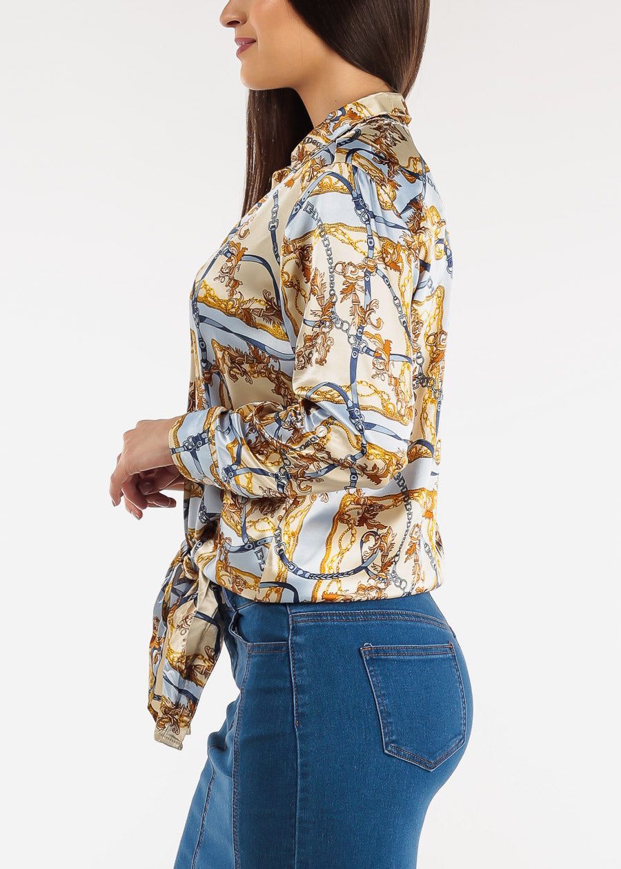 Long Sleeve Printed Satin Blouse w Front Tie sold by Moda product image thumbnail 3