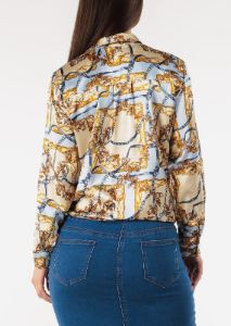 Long Sleeve Printed Satin Blouse w Front Tie sold by Moda