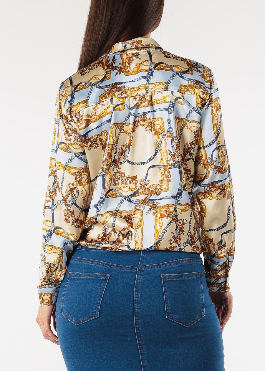Long Sleeve Printed Satin Blouse w Front Tie sold by Moda product image thumbnail 4