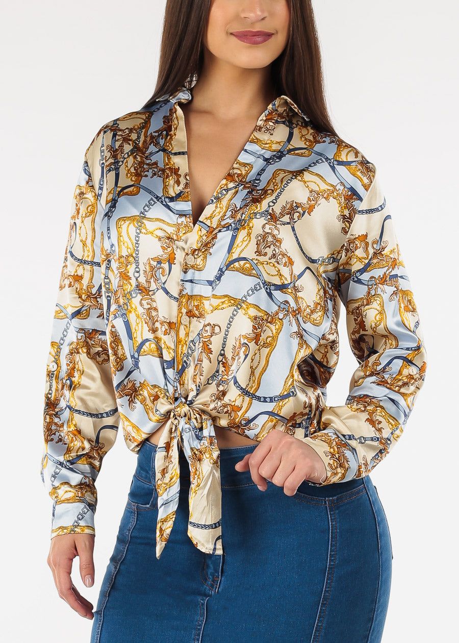 Long Sleeve Printed Satin Blouse w Front Tie sold by Moda
