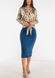 Long Sleeve Printed Satin Blouse w Front Tie sold by Moda
