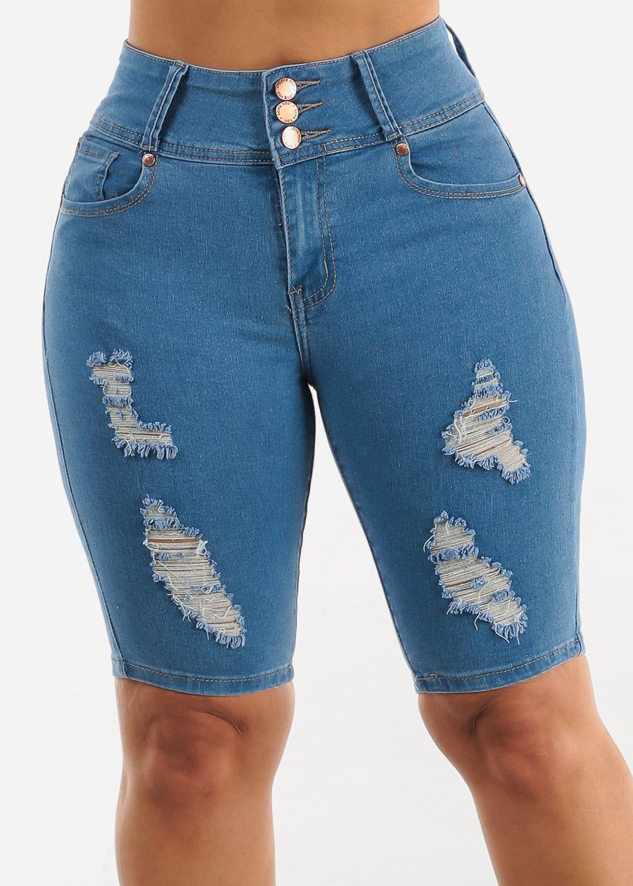 Butt Lifting Distressed High Waist Light Bermuda Shorts sold by Moda product image thumbnail 3