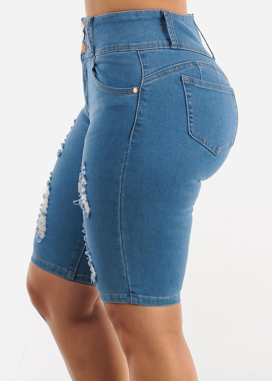 Butt Lifting Distressed High Waist Light Bermuda Shorts sold by Moda product image thumbnail 4