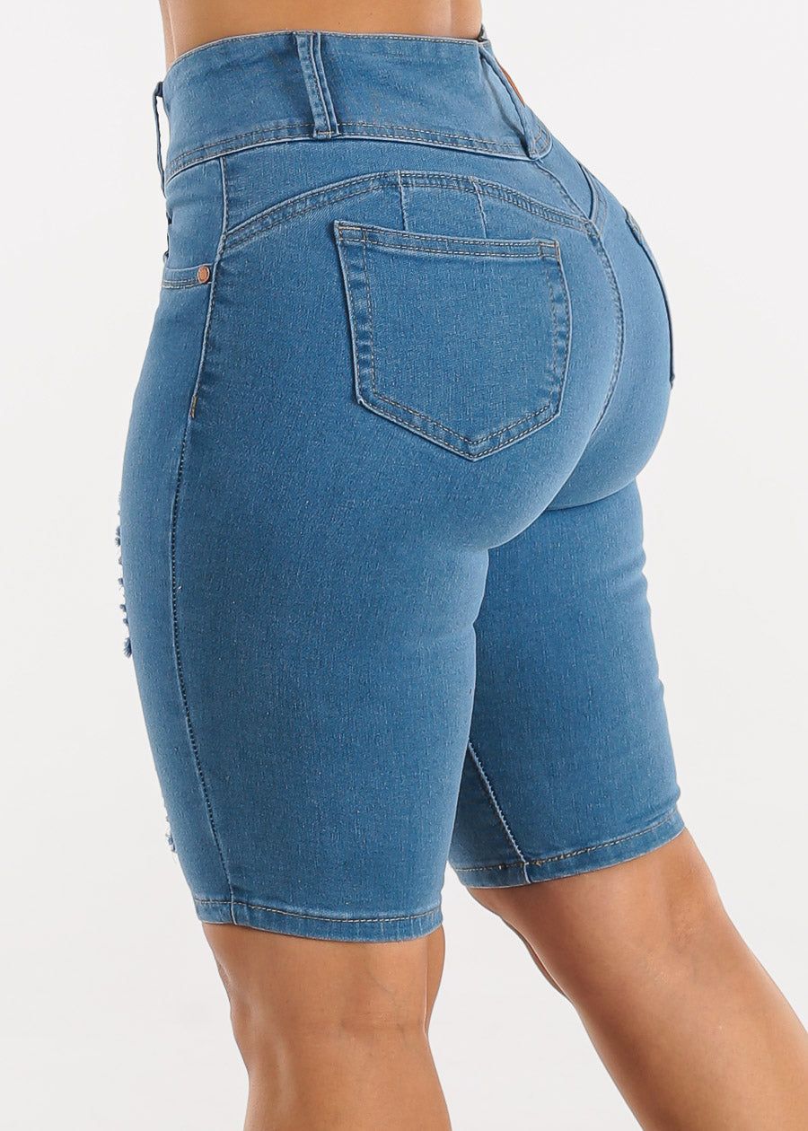 Butt Lifting Distressed High Waist Light Bermuda Shorts sold by Moda