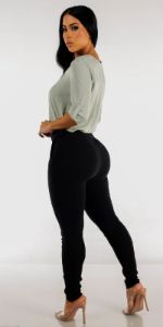 Black High Waisted Belted Skinny Pants with Sage Quarter Sleeve Woven Blouse sold by Moda