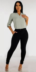 Black High Waisted Belted Skinny Pants with Sage Quarter Sleeve Woven Blouse sold by Moda