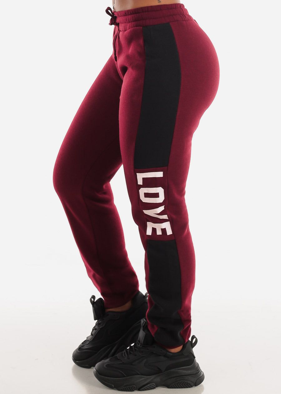 Fleece High Waist Jogger Sweatpants Burgundy "Love" sold by Moda