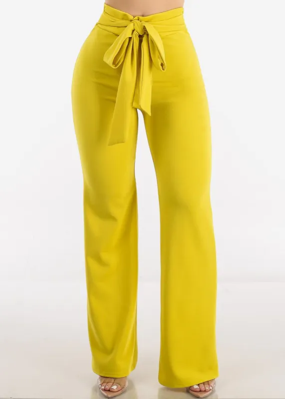 High Rise Waist Tied Wide Leg Formal Pants Lime sold by Moda