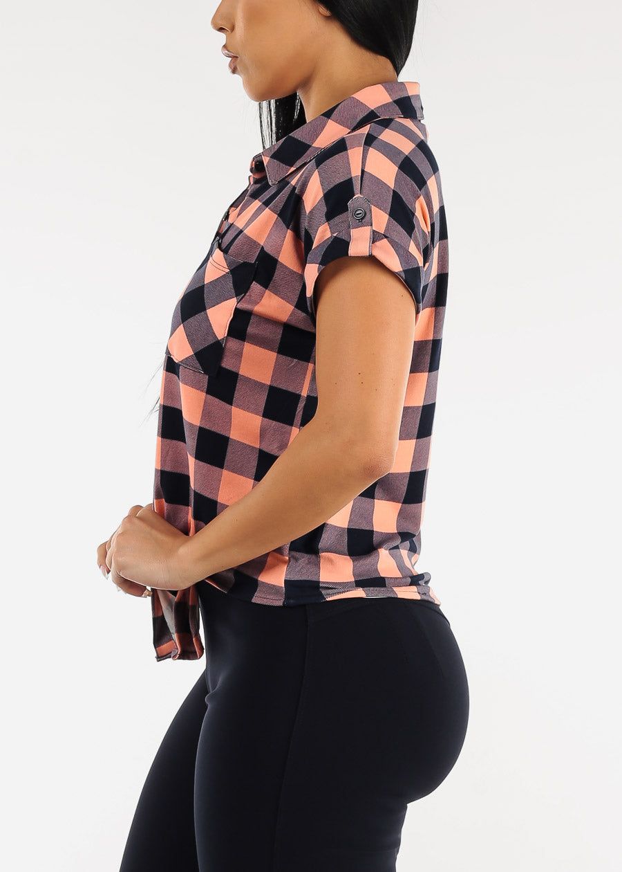 Short Sleeve Tie Front Button Up Plaid Shirt Mauve & Navy sold by Moda product image thumbnail 3